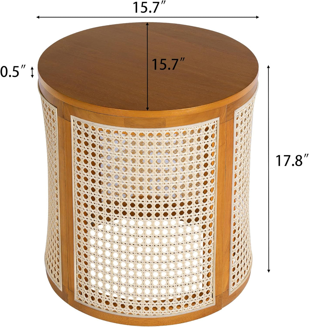 Christopher Knight Home Aurl Lift Top Round End Table with Storage, Modern Side Table with Woven Rattan Details, Wooden Small Coffee Table for Living Room, Round Storage Ottoman, Yellowish-Brown