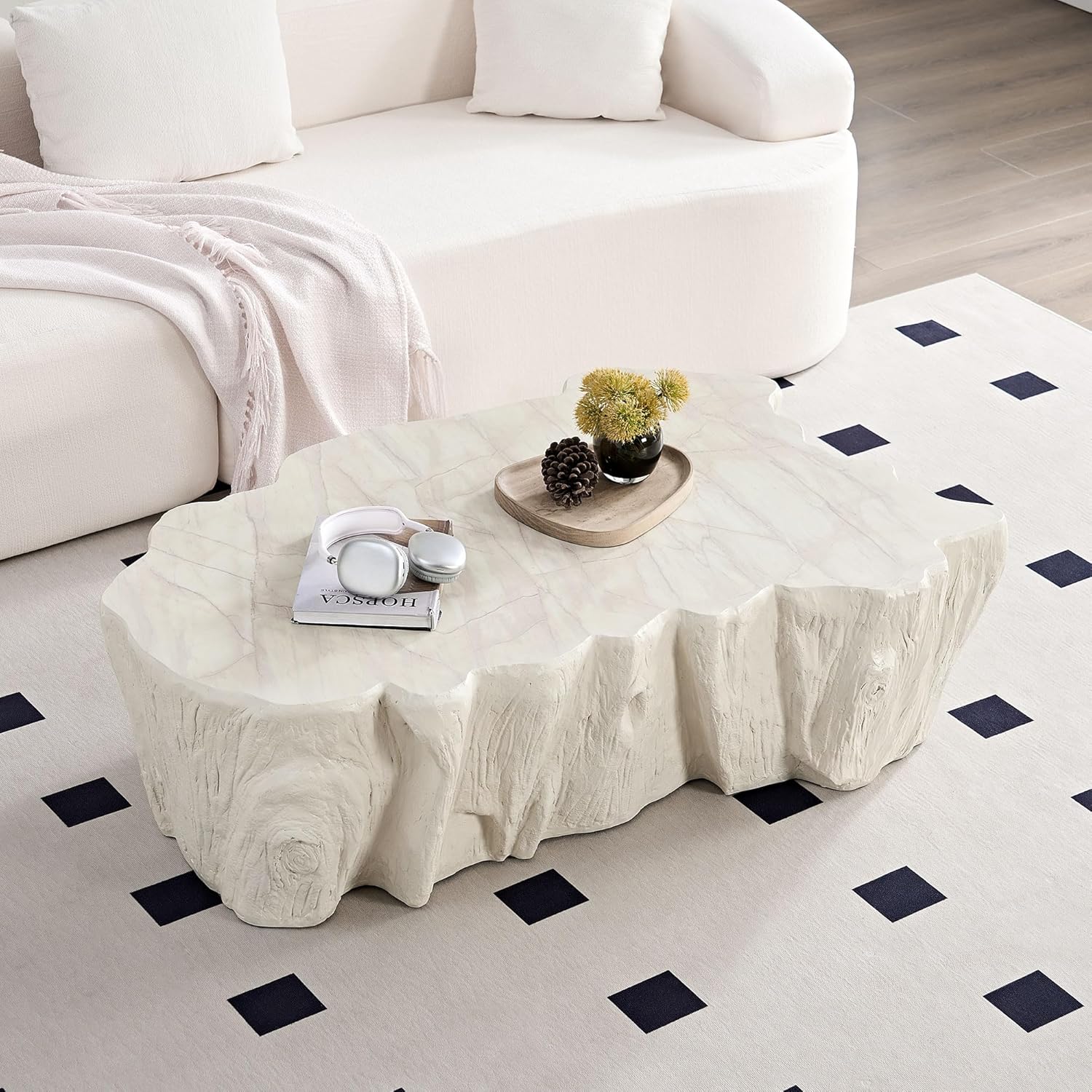 WILLIAMSPACE 48.62' Irregular Coffee Table with Tree Root Design for Living Room, Modern Luxury Fiberglass Center Table with Unique Shape, Accent End Tea Tables for Apartment, No Need Assembly (Beige)