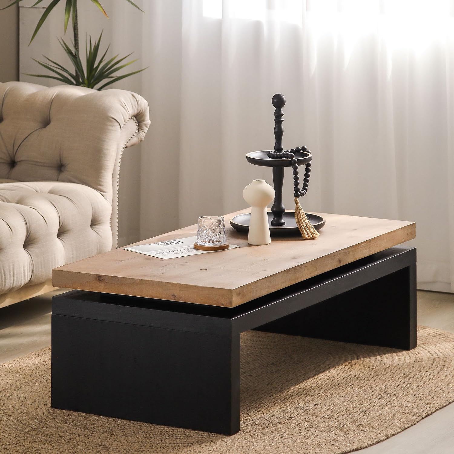 47.6' Wood Coffee Table, Mid Century Modern Farmhouse Wooden Coffee Tables for Living Room Natural Solid Firwood Tabletop Rectangle Center Table for Apartment Home Office Tea Table (Natural+Black)