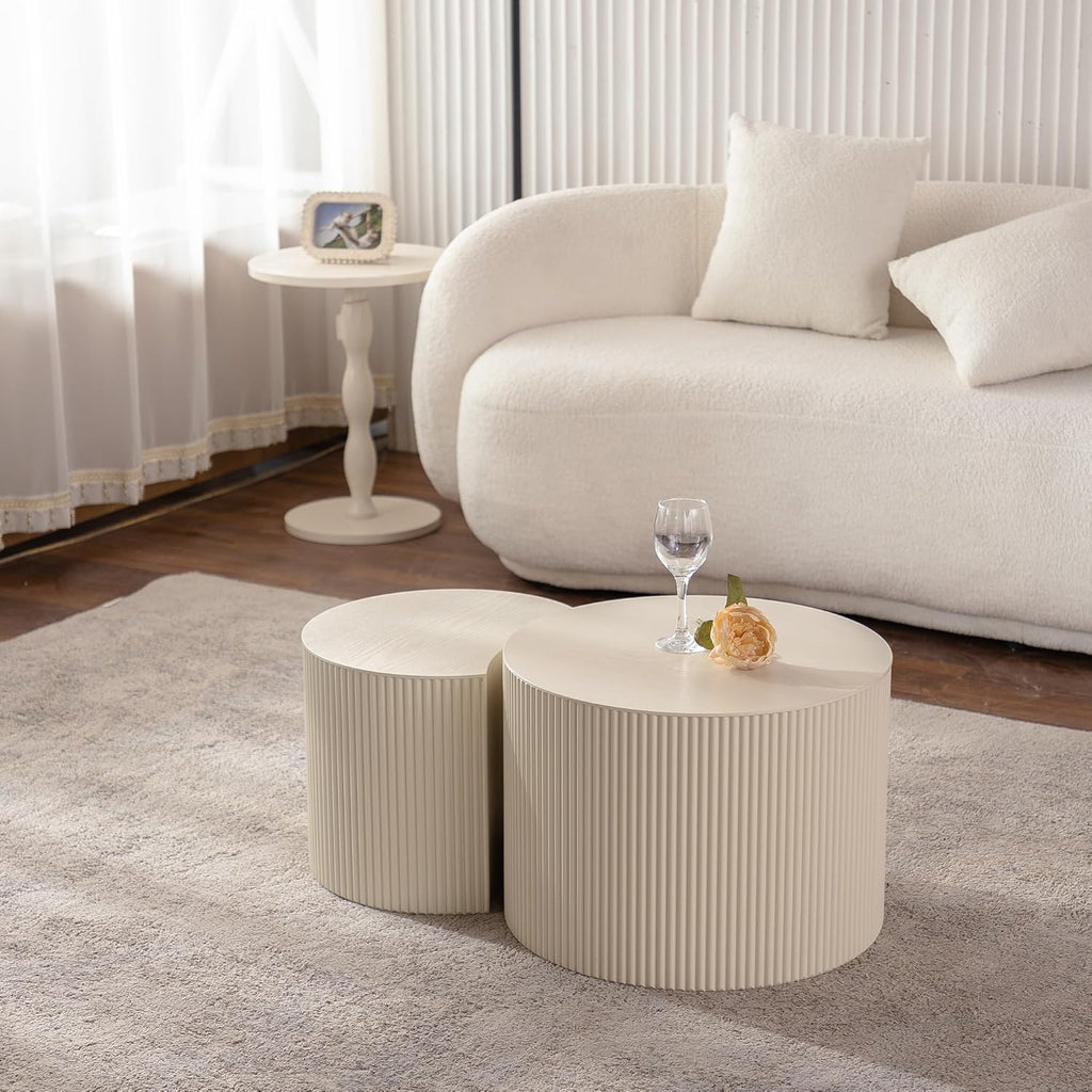 47.25 inch Nesting Coffee Table Set of 2, Modern Round Coffee Table End Table Set for Living Room, Wood Circle Drum Side Table Beige