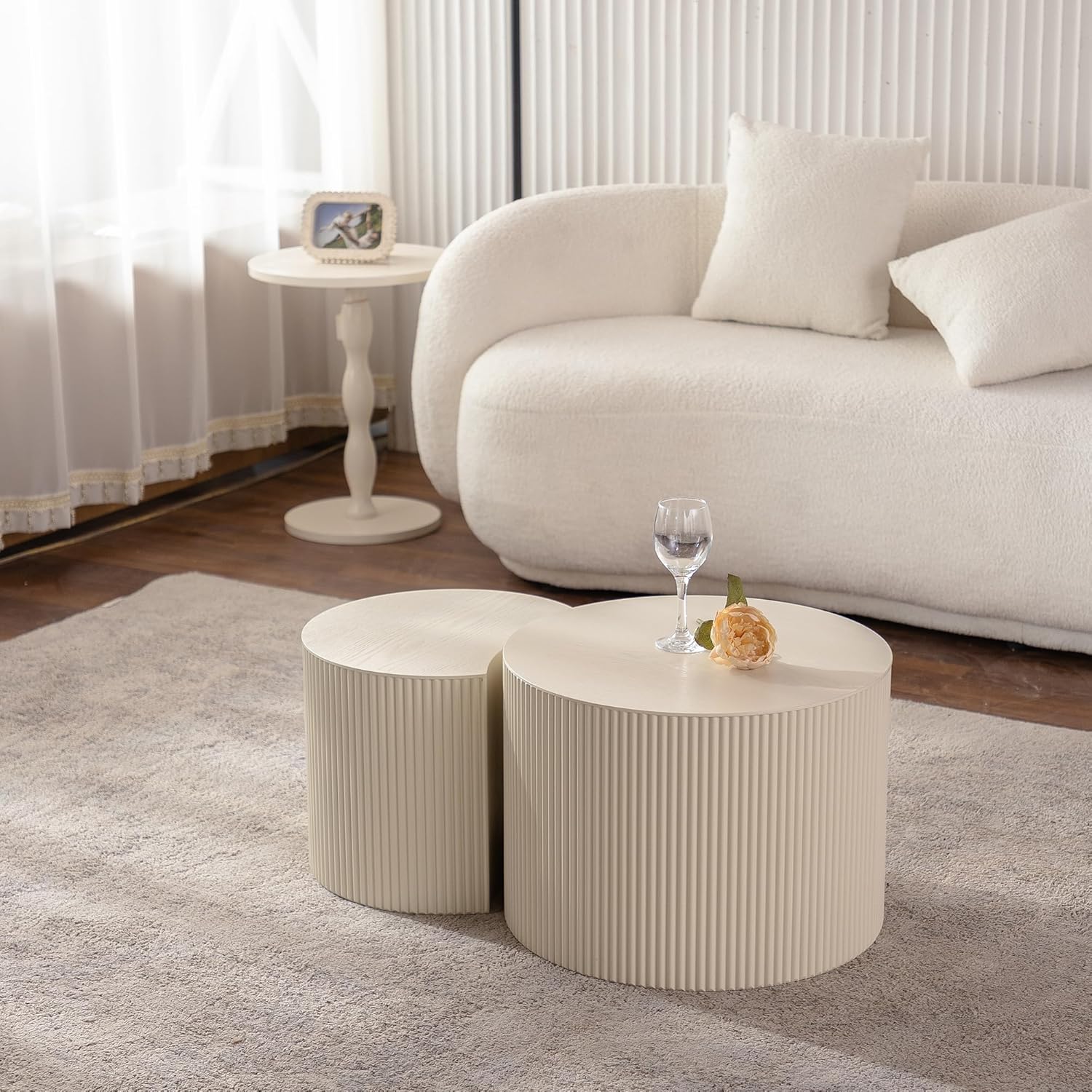 47.25 inch Nesting Coffee Table Set of 2, Modern Round Coffee Table End Table Set for Living Room, Wood Circle Drum Side Table Beige