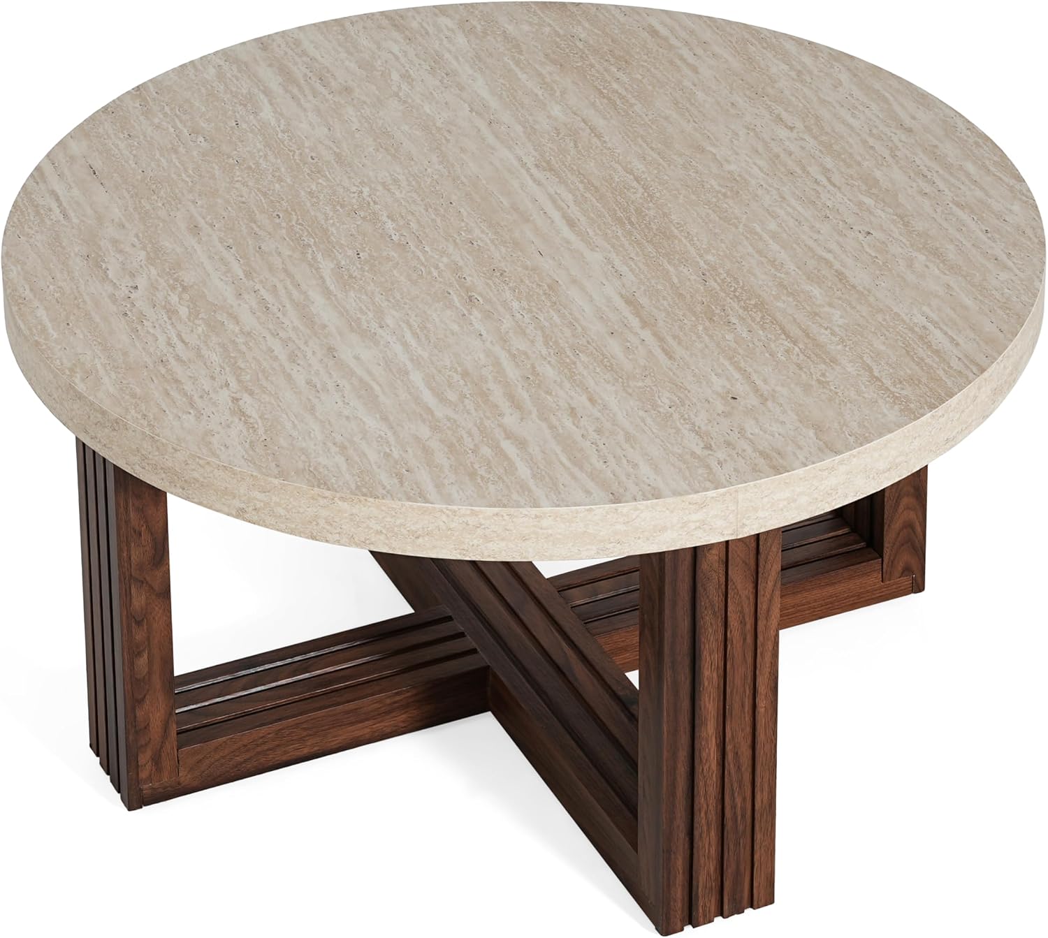 Christopher Knight Home Yone 31.5'' Modern Round Coffee Table for Living Room Furniture/Apartment, Side Table with Marble Pattern Top, Wooden End Table with Cross Metal Base, Brown + Beige