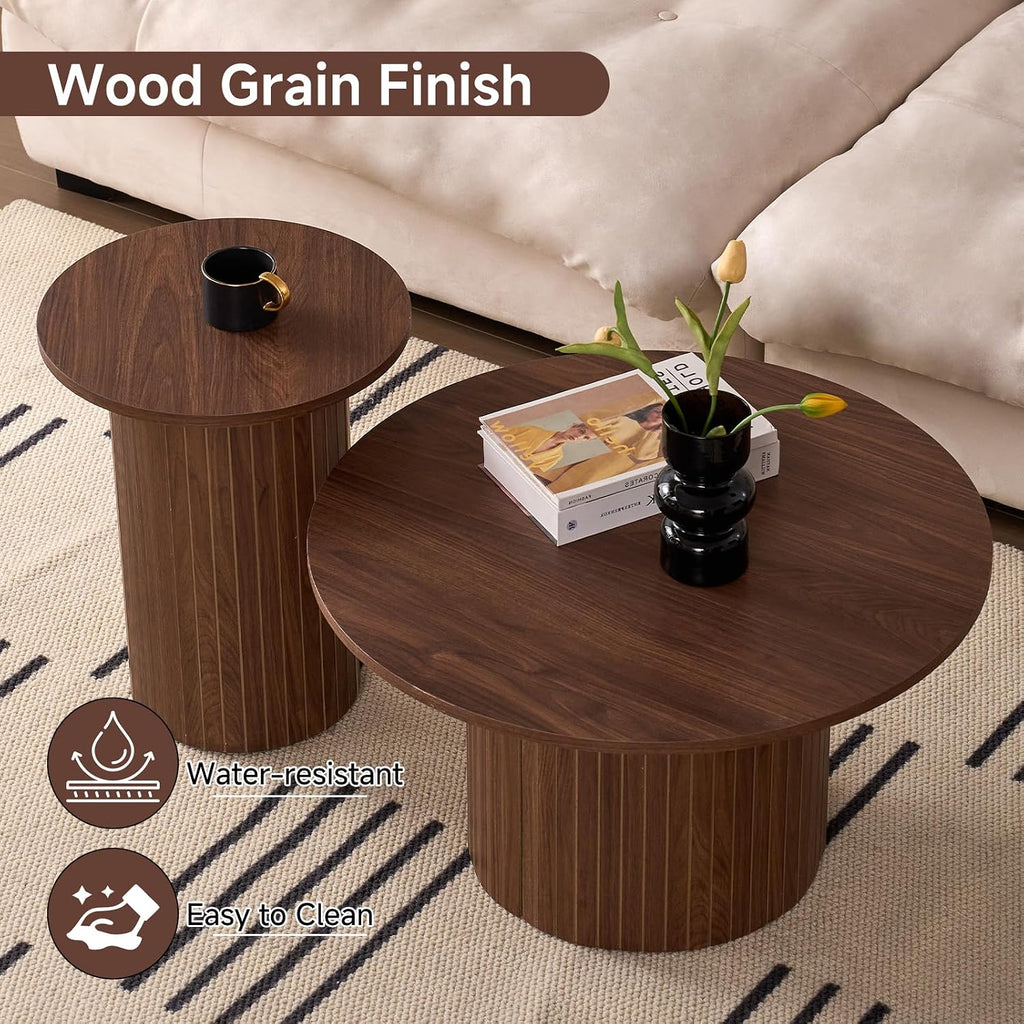 Round Coffee Tables Set of 2, Circle Modern Small Wood Side Table with Fluted Style Drum Base for Living Room Bedroom Balcony Office, Walnut
