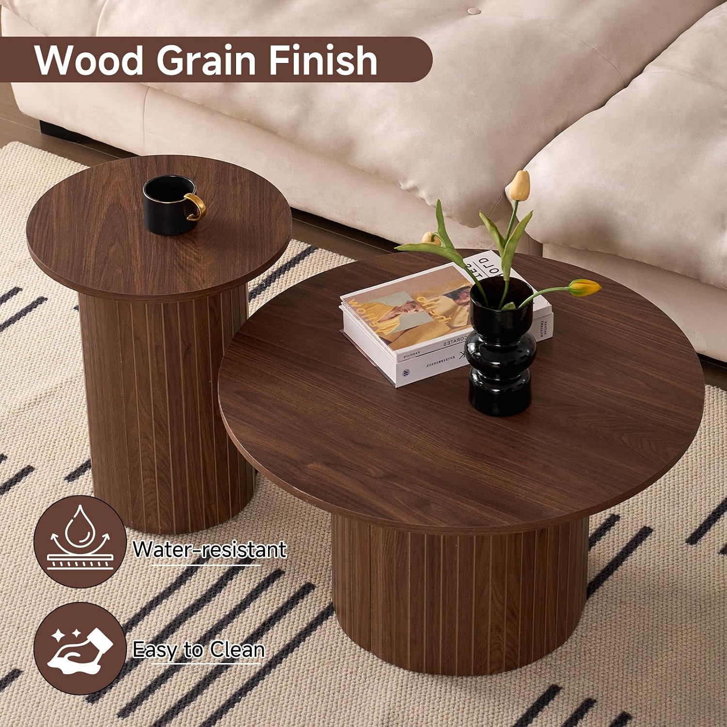 Round Coffee Tables Set of 2, Circle Modern Small Wood Side Table with Fluted Style Drum Base for Living Room Bedroom Balcony Office, Walnut
