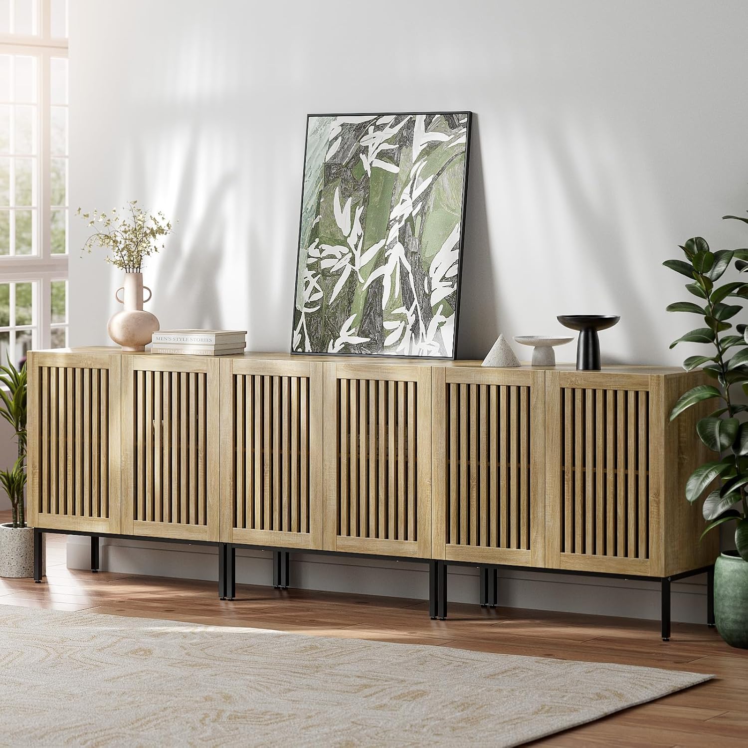 BVIUNTWO Buffet Cabinet with Storage,Set of 3 Farmhouse Console Table with Metal Base and Adjustable Shelves,Sideboard Coffee Bar Cabinet with 6 Doors for Dining Room,Living Room,Oak
