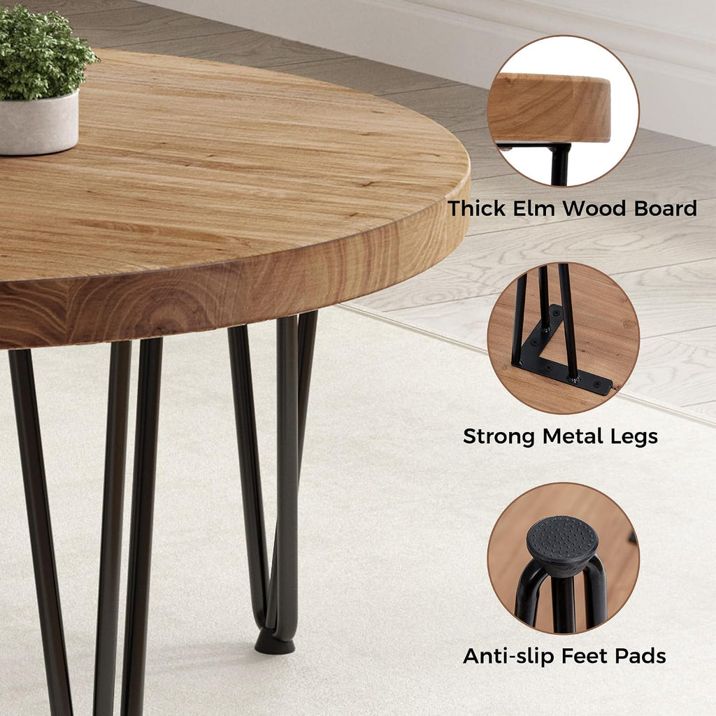 FLYJOE Rustic Wood Round Coffee Table with Metal Legs, Solid Elm Wood Top and Non-Slip Feet Pads - Farmhouse Style for Living Room, Natural