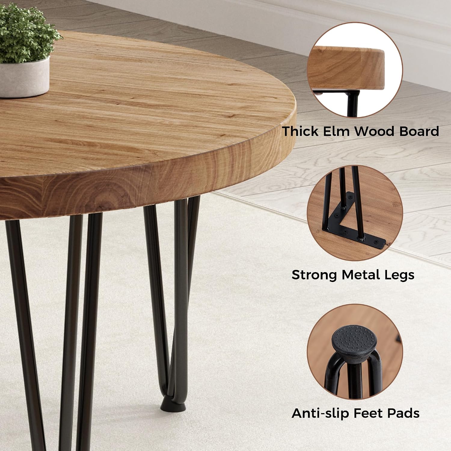 FLYJOE Rustic Wood Round Coffee Table with Metal Legs, Solid Elm Wood Top and Non-Slip Feet Pads - Farmhouse Style for Living Room, Natural