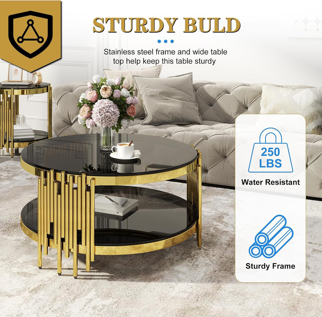 Round Glass Coffee Table Set of 3, Gold and Black Modern Living Room Table Set, Includes 1 Coffee Table & 2 End Tables, Gold Stainless Steel Base Tempered Glass Top, Luxury Furniture for Home Office