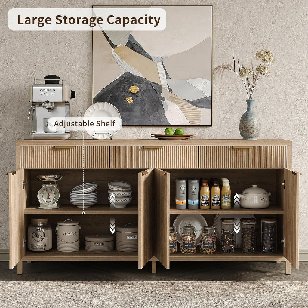 Yanosaku 66' W Fluted Buffet Cabinet, Sideboard Storage Cabinet with 3 Drawers & 2 Cabinets, Mid-Century Coffee Bar Table for Living Room, Dinning Room, Natural