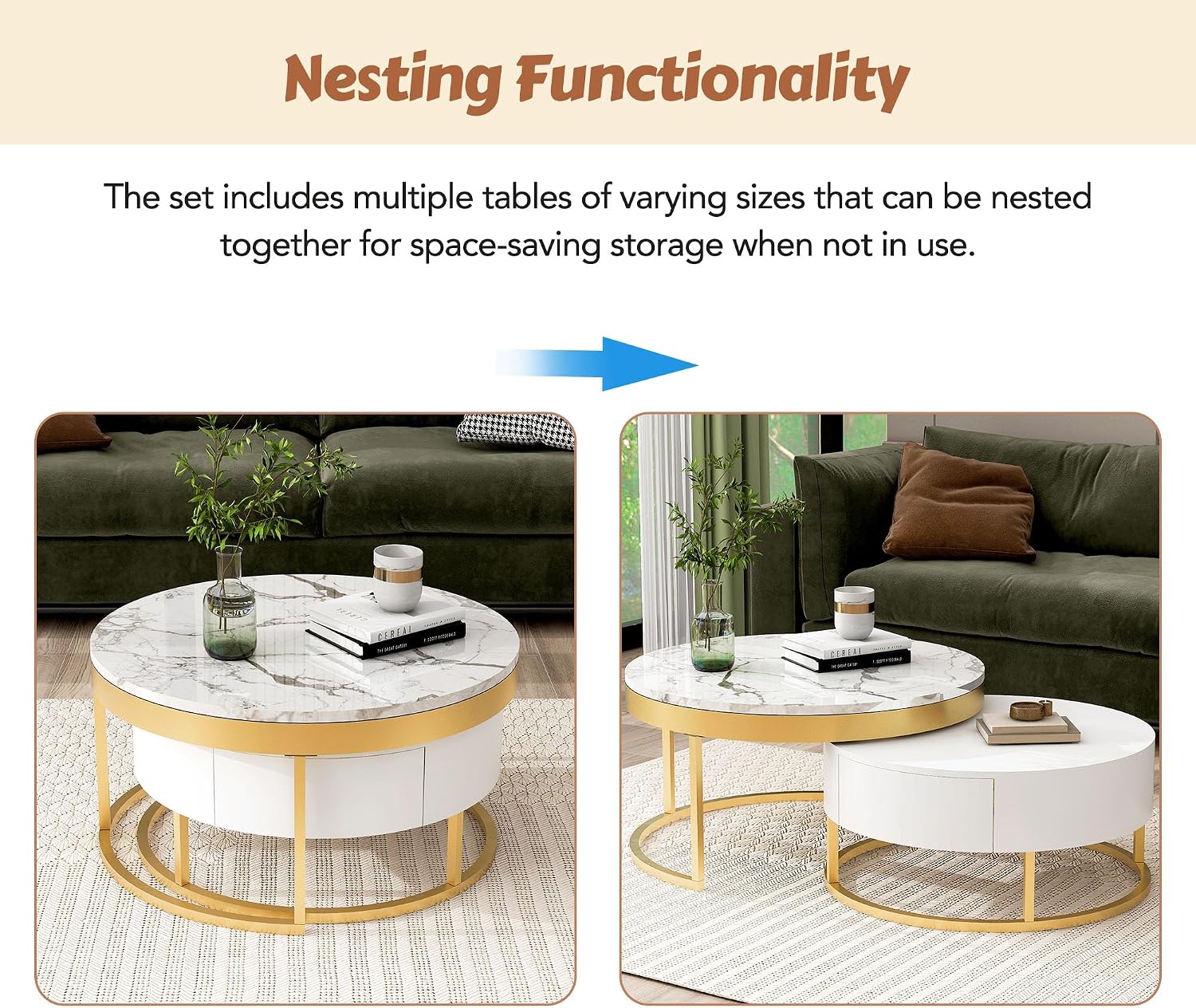 Modern Round Nesting Coffee Table with Drawers in White, Circle Coffee Tables for Living Room