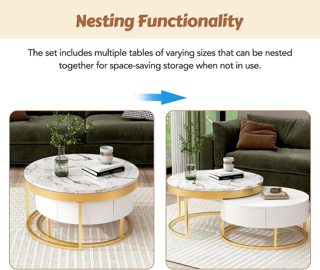 31.5' Round Modern Nesting Coffee Table with Drawers,White