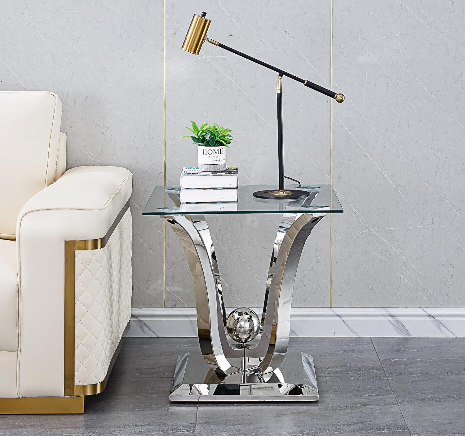 Modern Silver Glass End Table, Sqaure Sofa Side Table with Tempered Glass Top & Silver Stainless Steel Frame, Luxury Glass Accent End Table Bedside Table Nightstand for Living Room Bedroom