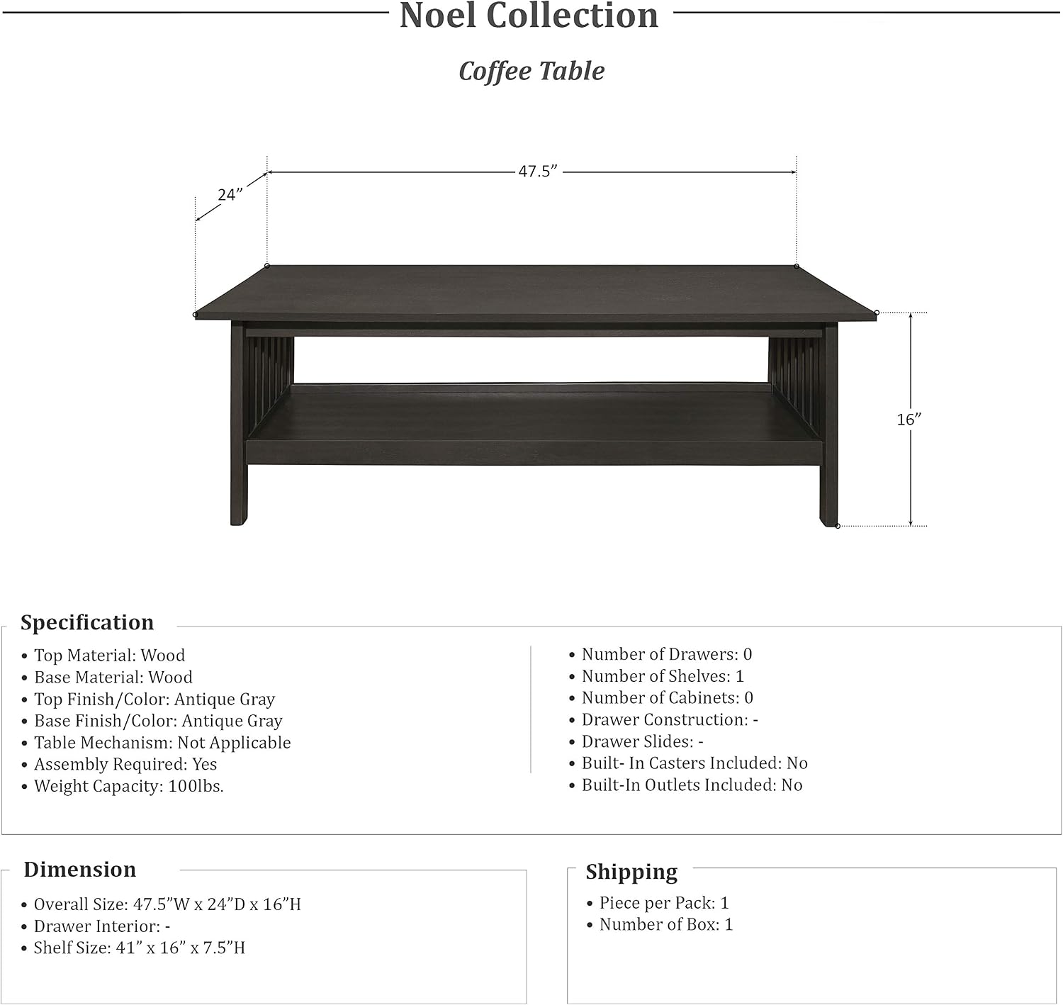 Lexicon Noel 3-Piece Coffee Table Set, Antique Gray