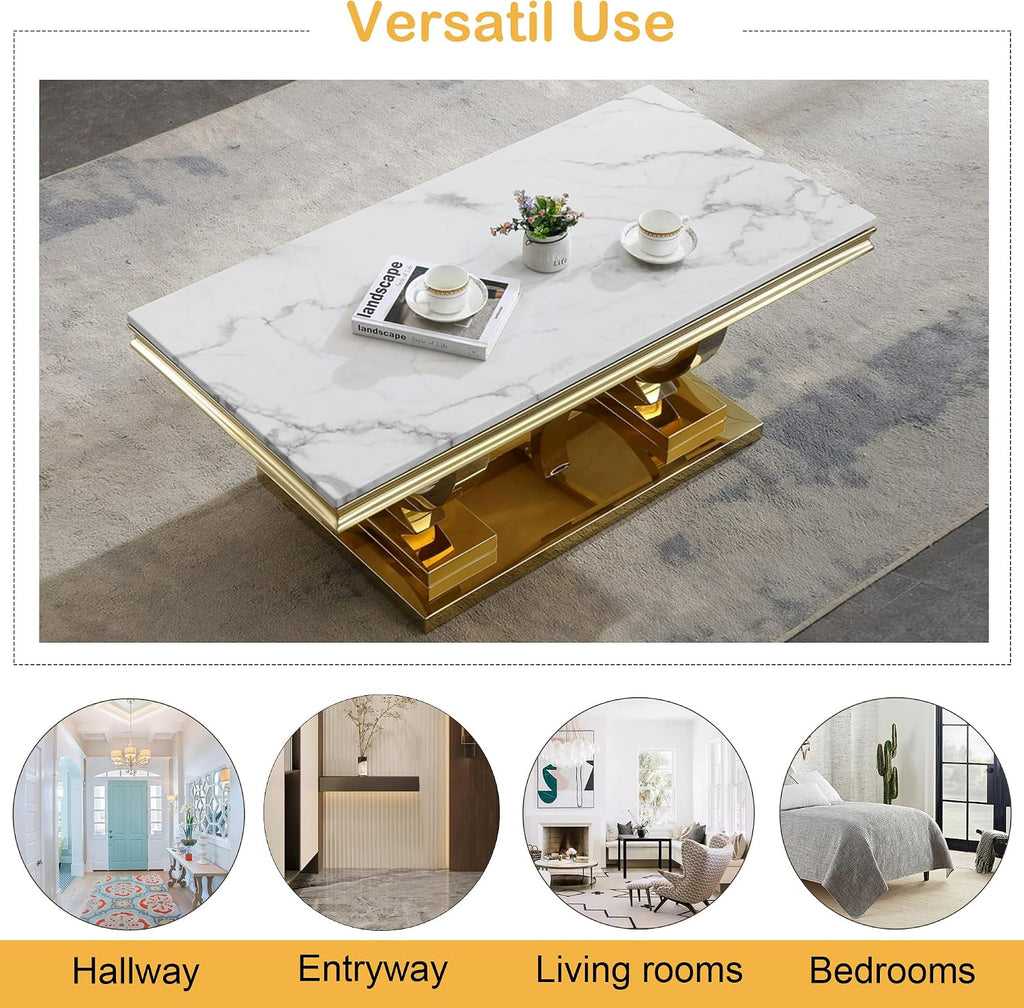 Coffee Tables Set of 3 for Living Room, Marble Coffee Table and 2 End Table Set, White Faux Marble Top&Gold O-Shape Stainless Steel Base, 3 Pieces Living Room Table Sets for Apartment Office
