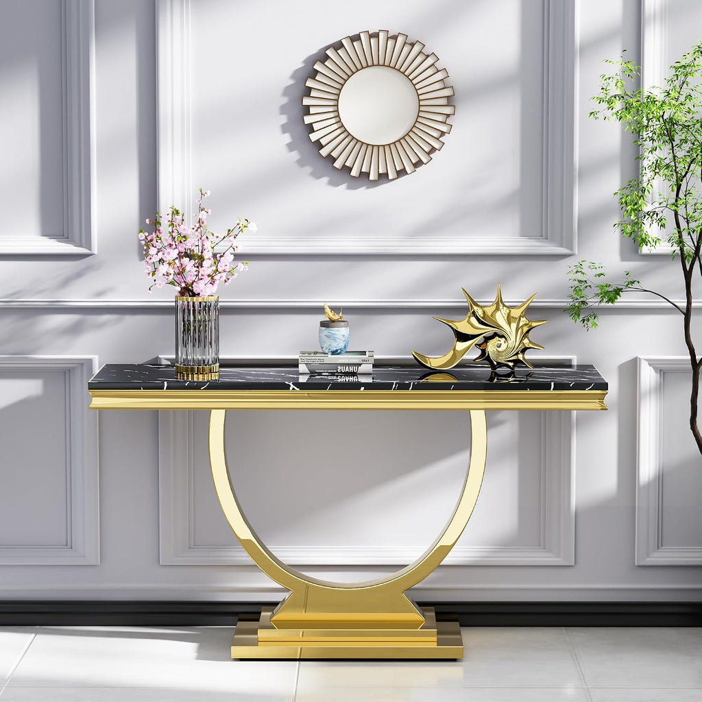 Henf 3 Piece Living Room Table Set, Faux Marble Coffee Table & Console Table & End Table, Luxury Black Gold Coffee Table Set of 3 with Mirrored Stainless Steel Base for Living Room Apartment