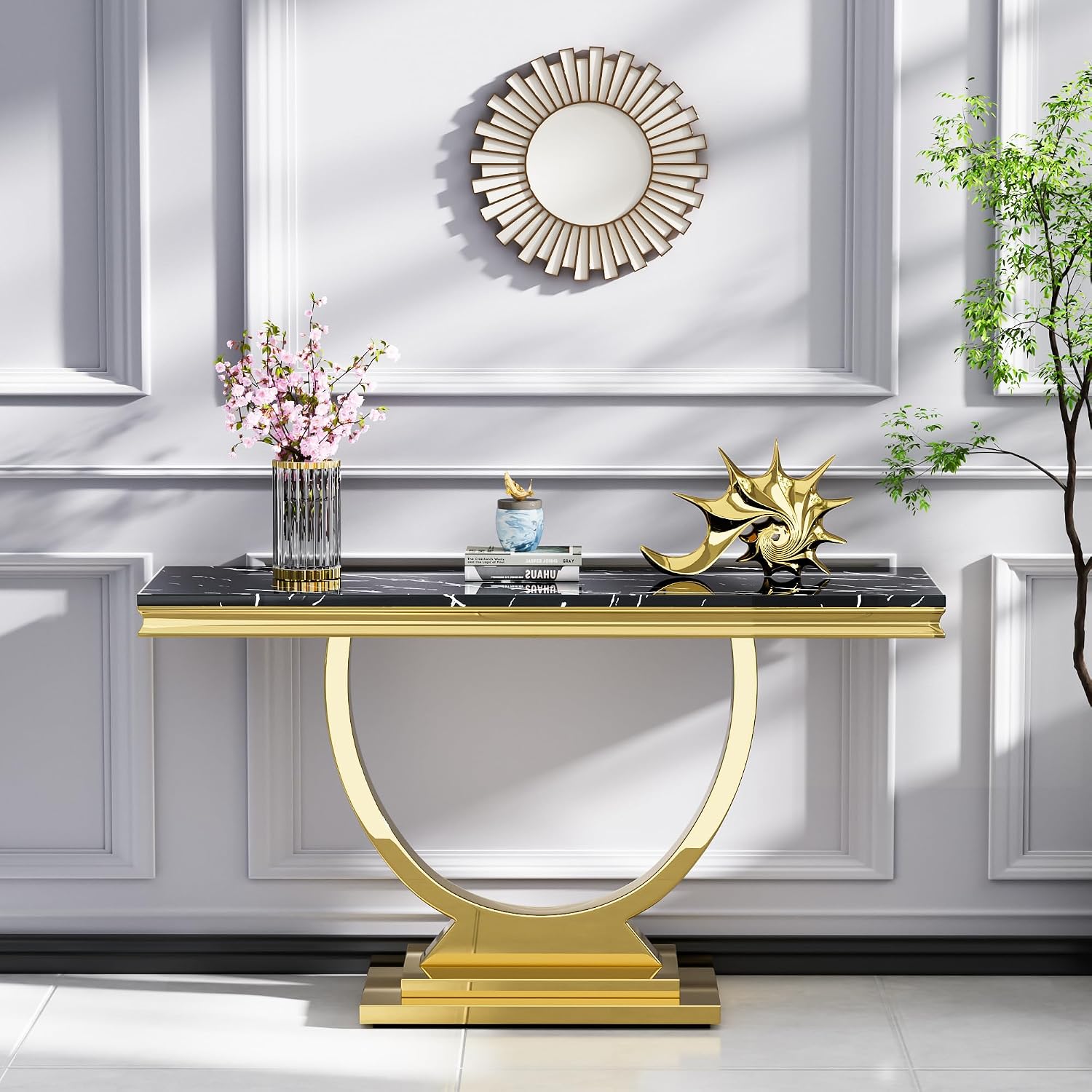 Henf 3 Piece Living Room Table Set, Faux Marble Coffee Table & Console Table & End Table, Luxury Black Gold Coffee Table Set of 3 with Mirrored Stainless Steel Base for Living Room Apartment