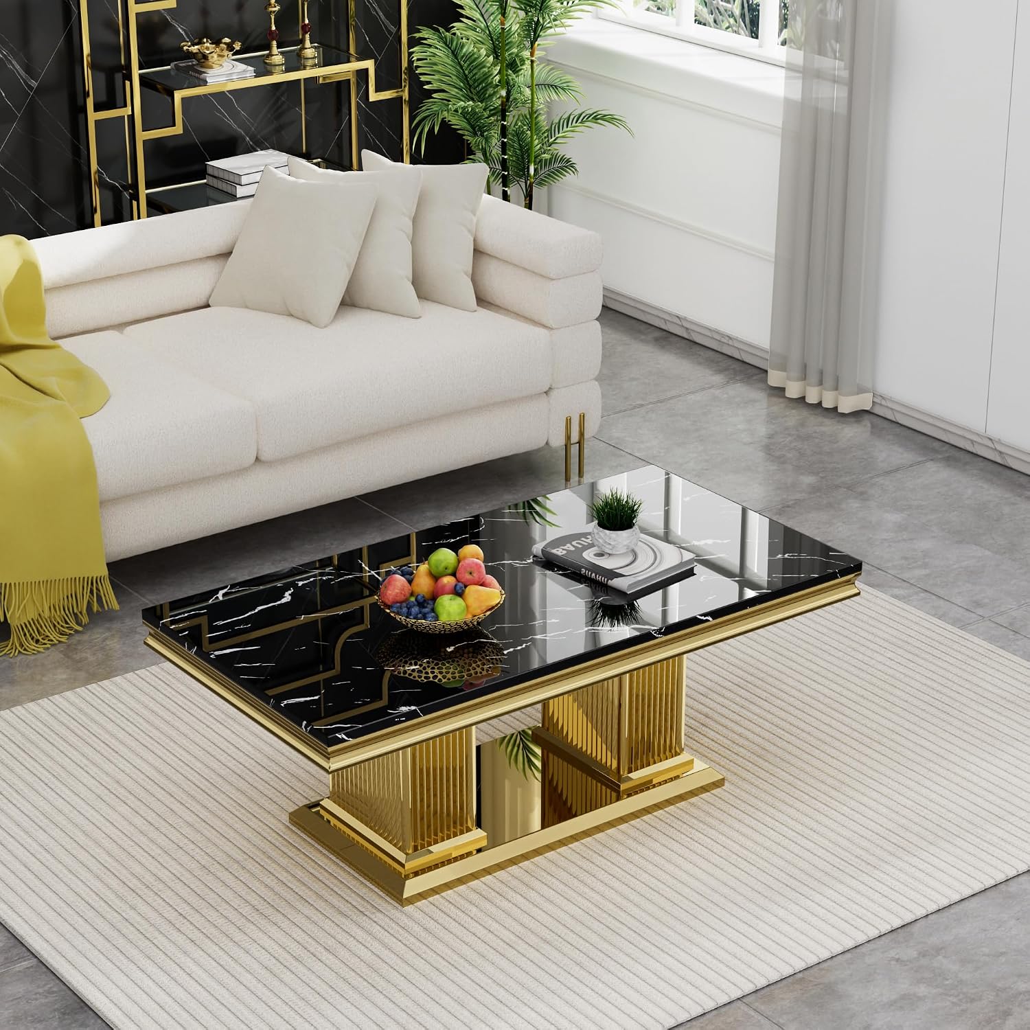 3 Pieces Coffee Table Set, Faux Marble Living Room Table Set of 3, Modern Coffee Table, Console Table and End Table with Column-Shaped Stainless Steel Base for Living Room Office (Black Gold)
