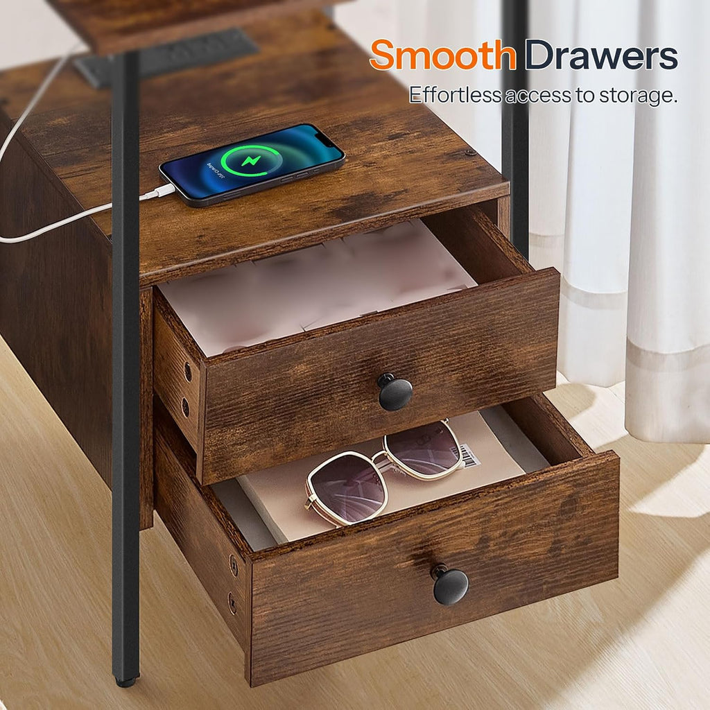 HOOBRO End Table Set of 2 with Charging Station, Bedside Table with 2 Drawer & USB Ports & Type-C Port, Nightstand for Small Spaces, Stable and Sturdy, for Living Room, Rustic Brown BF43UBZP201