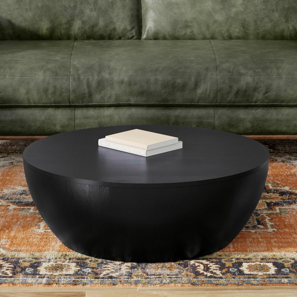 SIMPLIHOME Elmbrook Coffee Table - 34' Wide x 12' High Solid Mango Wood Modern Industrial Round Drum Cocktail Table in Black, Sculptural Living Room Table with Low Profile Design, Assembled