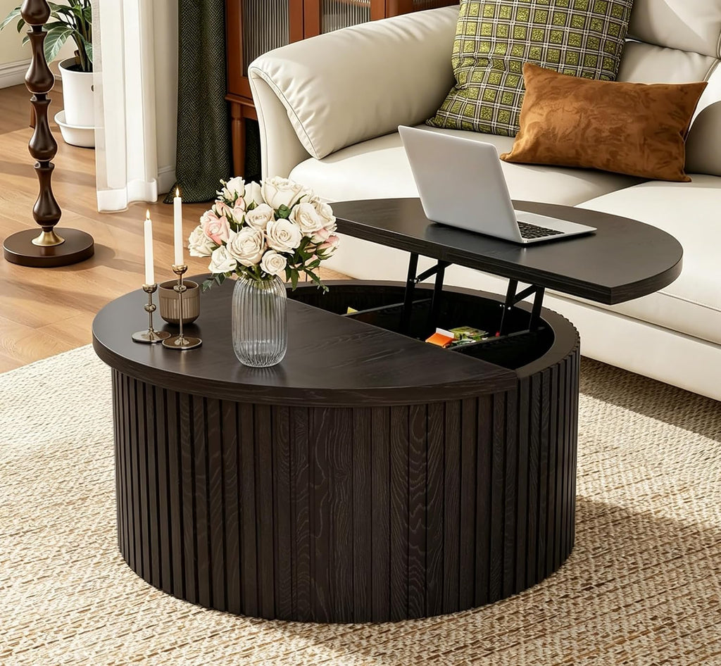 Fsbecl Round Lift Top Coffee Table with Storage, 31.6'' Modern Coffee Tables for Living Room, Fluted Wood Center Table for Office, Small Space (Black)