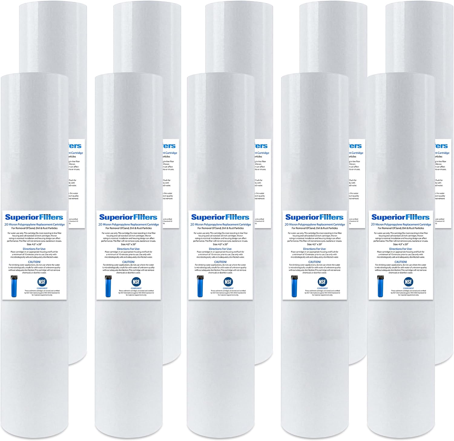20 Micron Sediment Filter - Whole House Water Filter Cartridge - High-performance 20-inch Replacement - Compatible with All Whole House Water Filter System - (20 X 4.5, 10 Count)