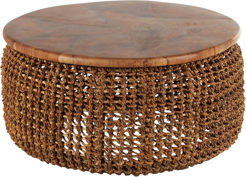 Deco 79 Rattan Living Room Coffee Table Woven for Home with Teak Tabletop, Center Table 33' x 33' x 16', Brown