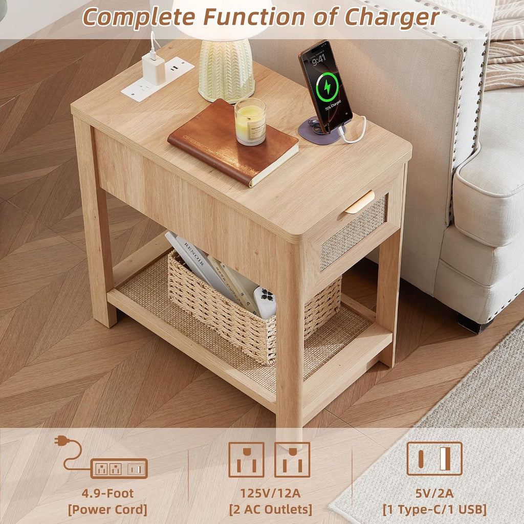 Lerliuo Boho Coffee Table Set of 3, Rattan Coffee and End Table Sets with Charging Station, Living Room Table Set with Open Shelf for Living Room, Natural Wood