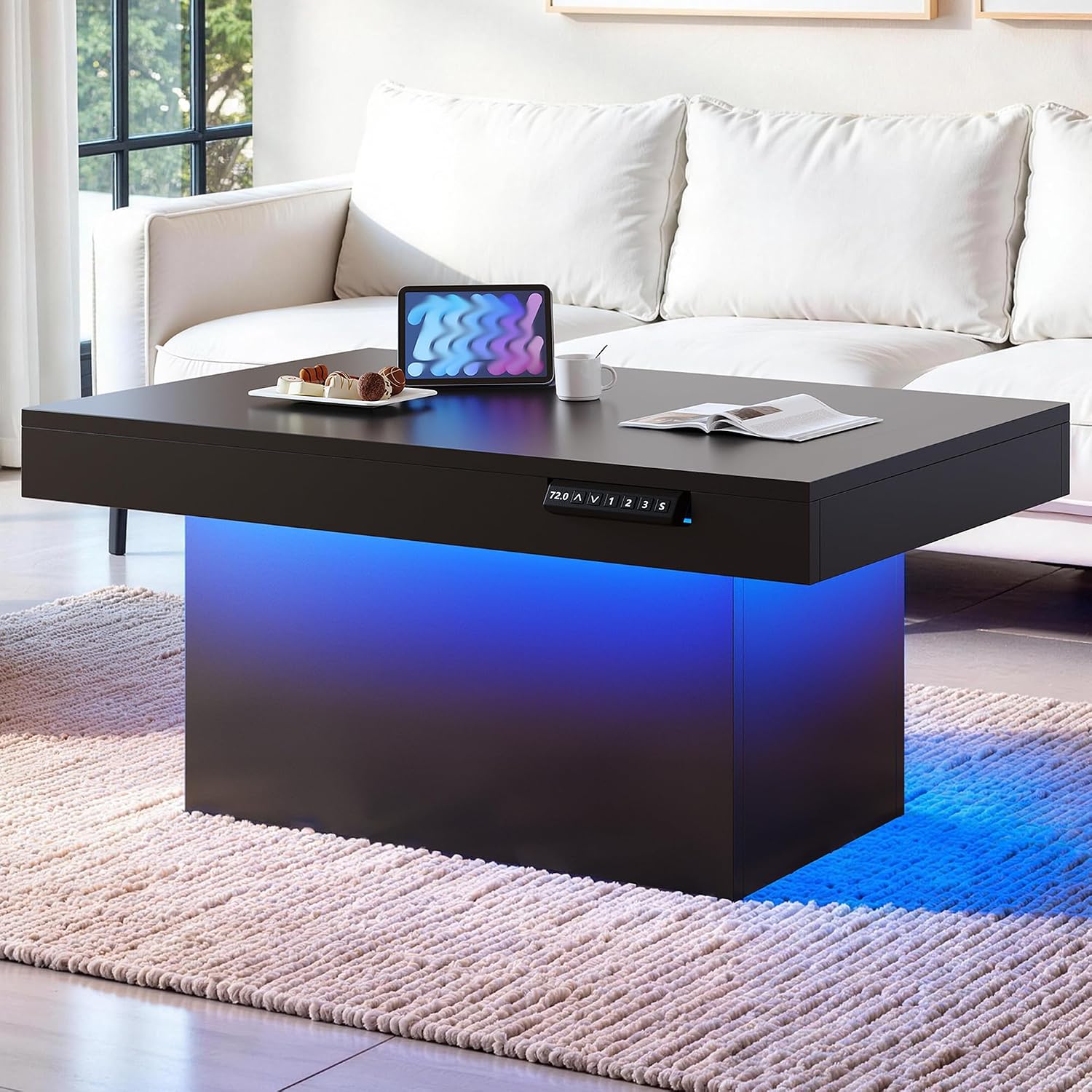 Homkdom 47.3' Electric Lift Top Coffee Table, Adjustable Height Table with Storage & LED Light, Coffee Tables for Living Room, Dining, Work and Gaming, Black