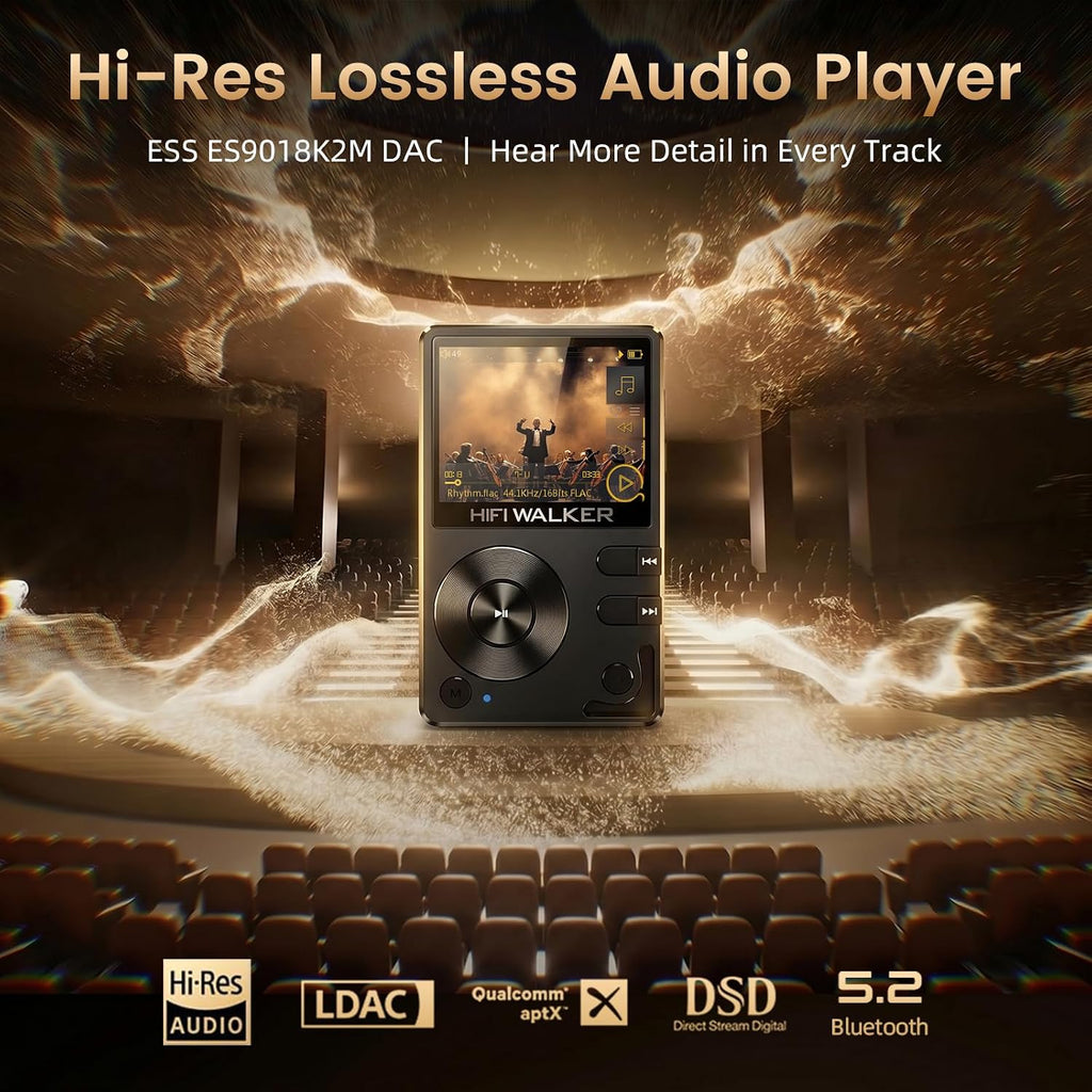 HIFI WALKER H2, High Resolution MP3 Player with Bluetooth5.2, DSD DAC, HiFi Portable Digital Audio Player Lossless High-Res Music Player with 128GB Memory Card, Support Up to 512GB