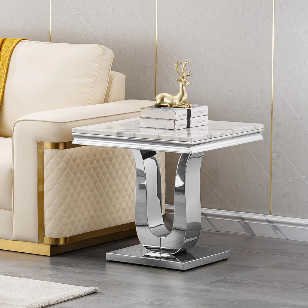 3 Pieces Coffee Table Set, Faux Marble Living Room Table Set of 3, Modern Coffee Table and 2 End Tables with U-Shaped Stainless Steel Base for Living Room (White Silver)