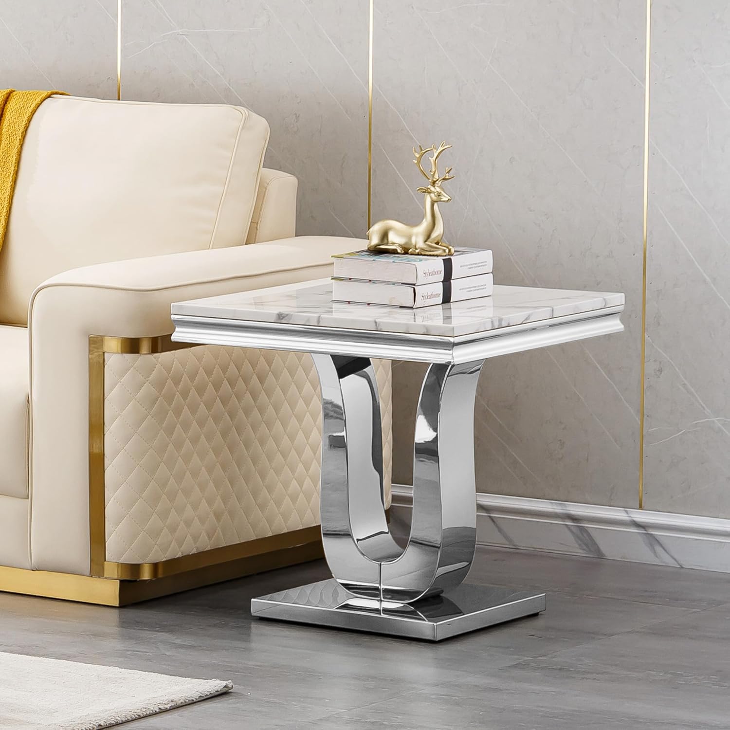 3 Pieces Coffee Table Set, Faux Marble Living Room Table Set of 3, Modern Coffee Table and 2 End Tables with U-Shaped Stainless Steel Base for Living Room (White Silver)