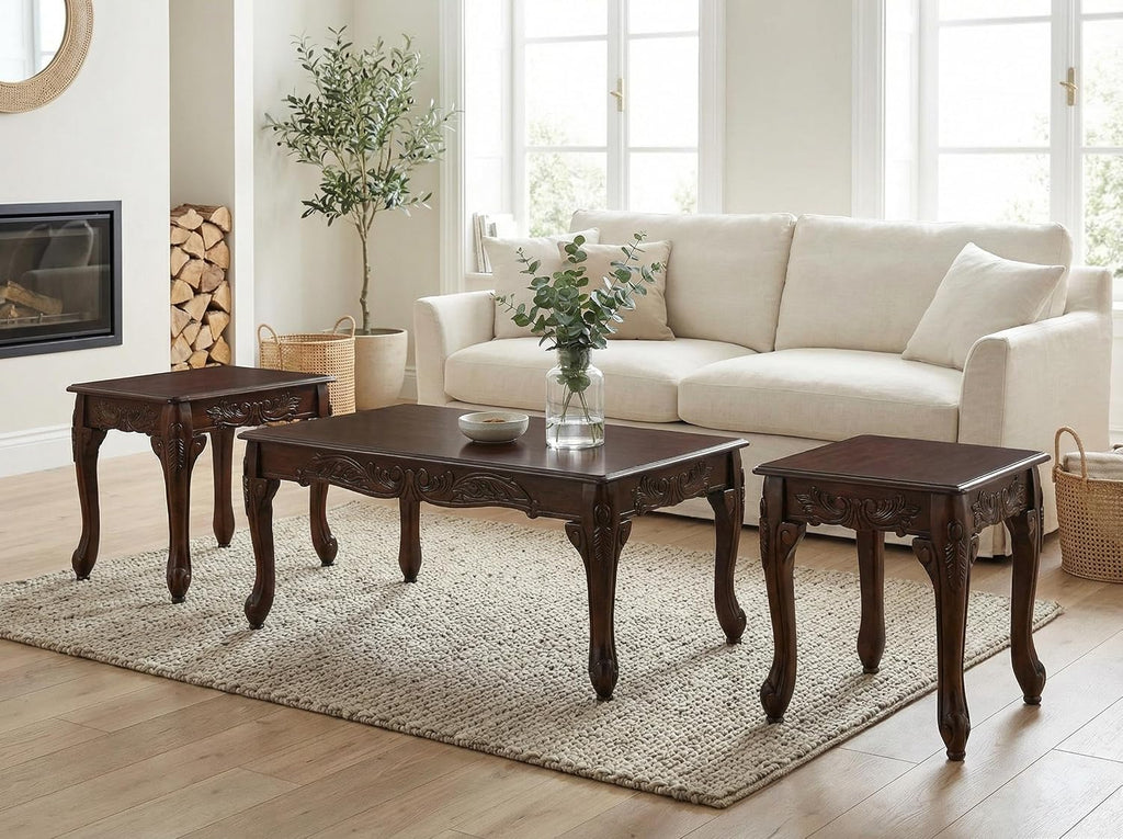 Furnifact Dark Cherry 3-Pc Wood Coffee and End Table Set with Stylish Finish, Durable Construction for Living Room, Compact and Functional Furniture Design