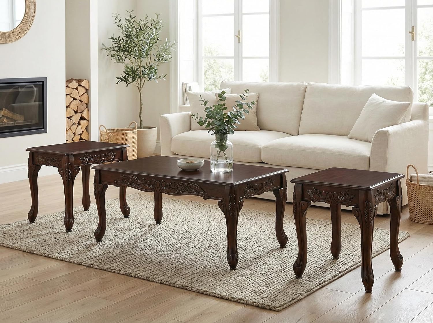 Furnifact Dark Cherry 3-Pc Wood Coffee and End Table Set with Stylish Finish, Durable Construction for Living Room, Compact and Functional Furniture Design