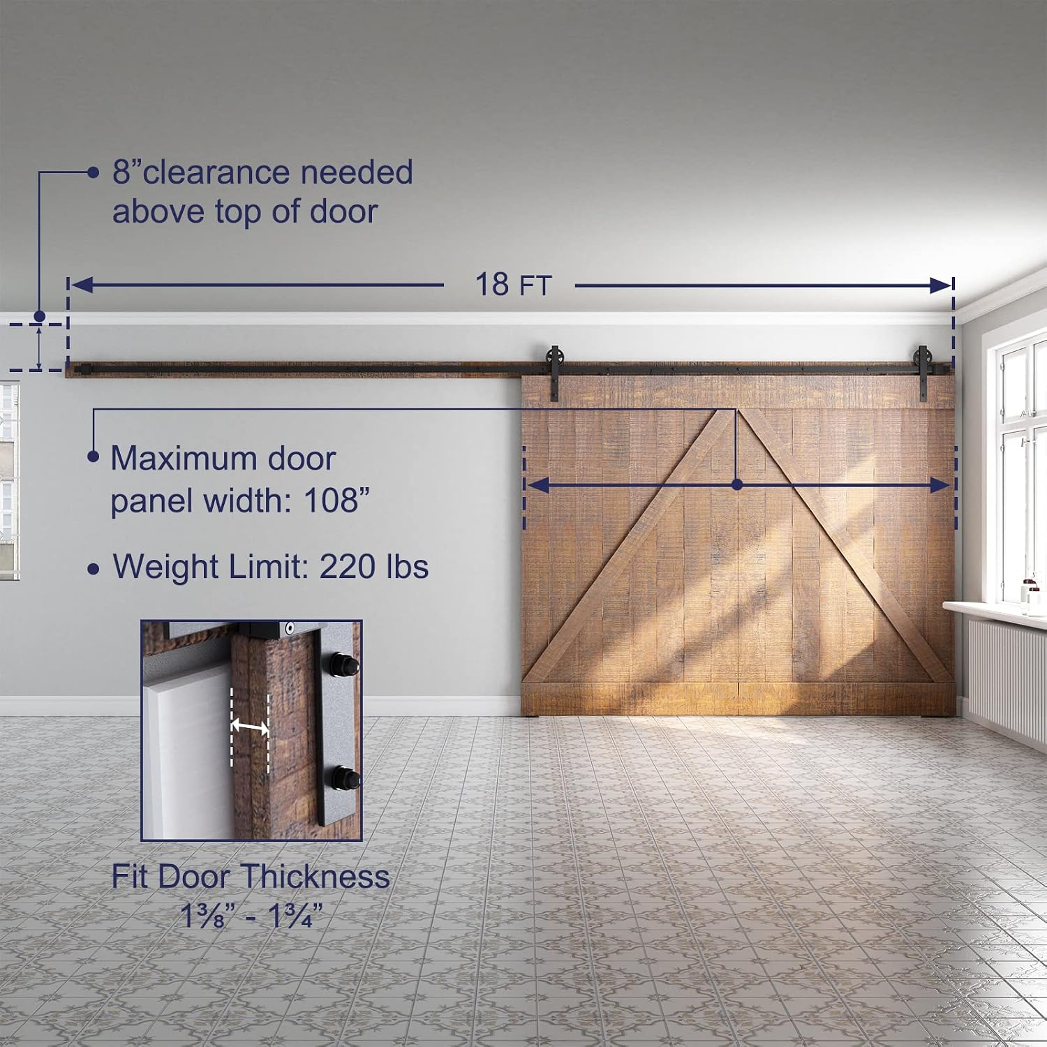 SMARTSTANDARD 18 Feet Heavy Duty Sliding Barn Door Hardware Kit, 4FT - 18FT, Black, Smoothly and Quietly, Simple and Easy to Install, Fit 108' Wide DoorPanel (Industrial Bigwheel Hangers)