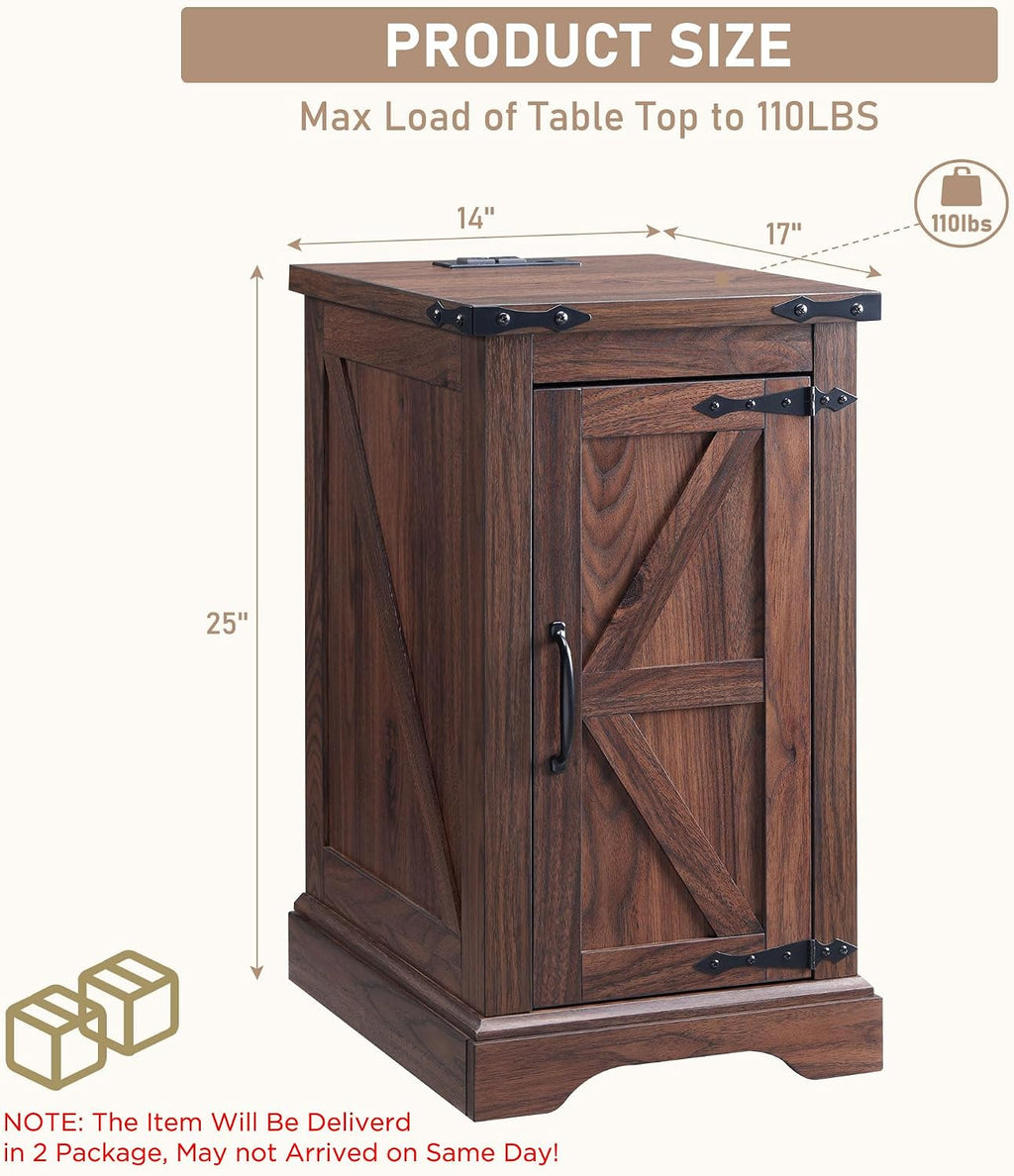 JXQTLINGMU Farmhouse Nightstand Set of 2 with Charging Station, 17' D Rectangular End Table with Barn Door & Adjustable Storage Shelf, Wood Rustic Sofa Side Table for Living Room, Bedroom, Brown