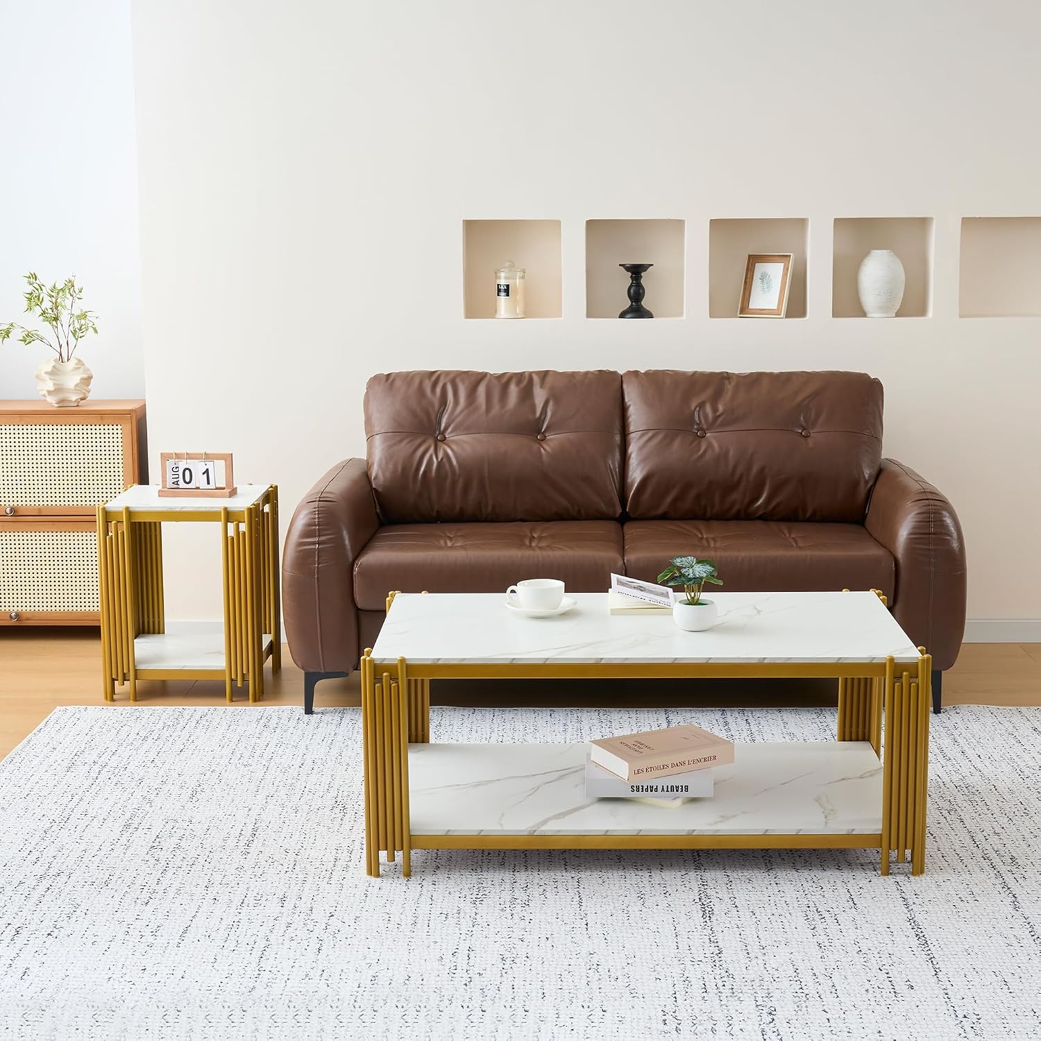 Elegant Marble Coffee Table Set of 2 White Faux Marble Coffee Table End Table Set with Gold Metal Frame 2 Piece Living Room Table Set with 1 Rectangle Coffee Table & 1 Square Side Table
