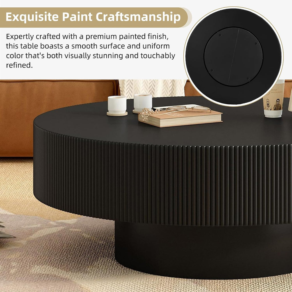 31.5' Wide Round Coffee Table with 6.8' Thick Tabletop, Easy Assembly, Modern Minimalist Wooden Fluted Center Table Black Drum End Table with Sturdy Base for Living Room or Bedroom