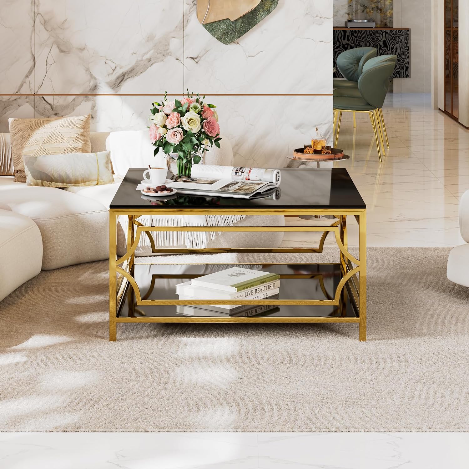 33.5' Square Black Glass Coffee Table with Storage, Modern 2-Tier Tempered Glass Accent Coffee Table with Metal Frame for Living Room, Minimalist Gold Cocktail Center Table for Office, Apartment