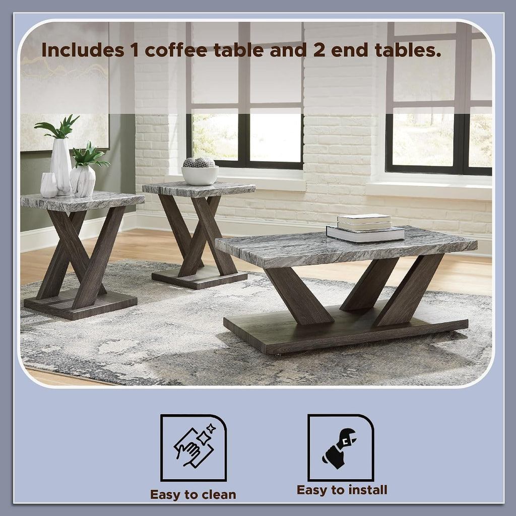 Signature Design by Ashley Bensonale Contemporary Occasional Table Set with Faux Marble Top and Casters, Set of 3, Gray & Dark Brown