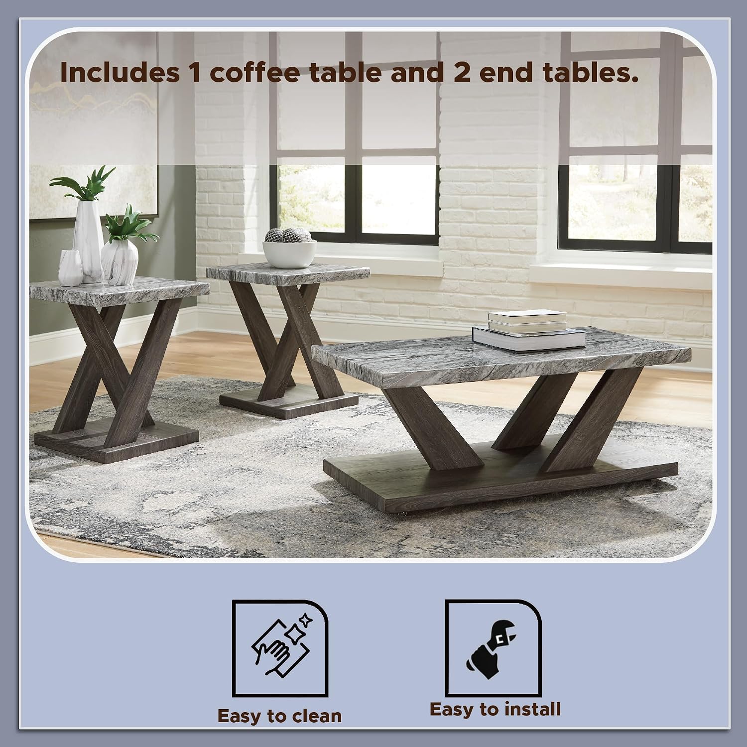 Signature Design by Ashley Bensonale Contemporary Occasional Table Set with Faux Marble Top and Casters, Set of 3, Gray & Dark Brown