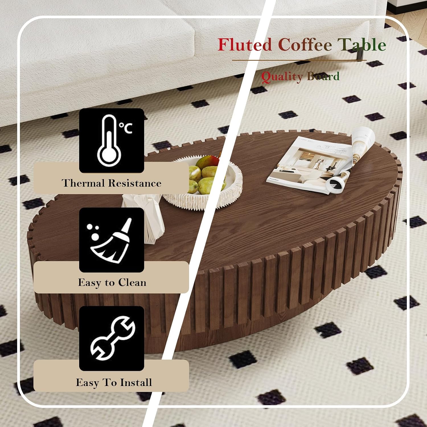 Handcraft Fluted Coffee Table 43.3' Oval Drum Center Tables with Sturdy Pedestal Easy to Assembly for Living Room Apartment Farmhouse (Oval Walnut 43.3in)