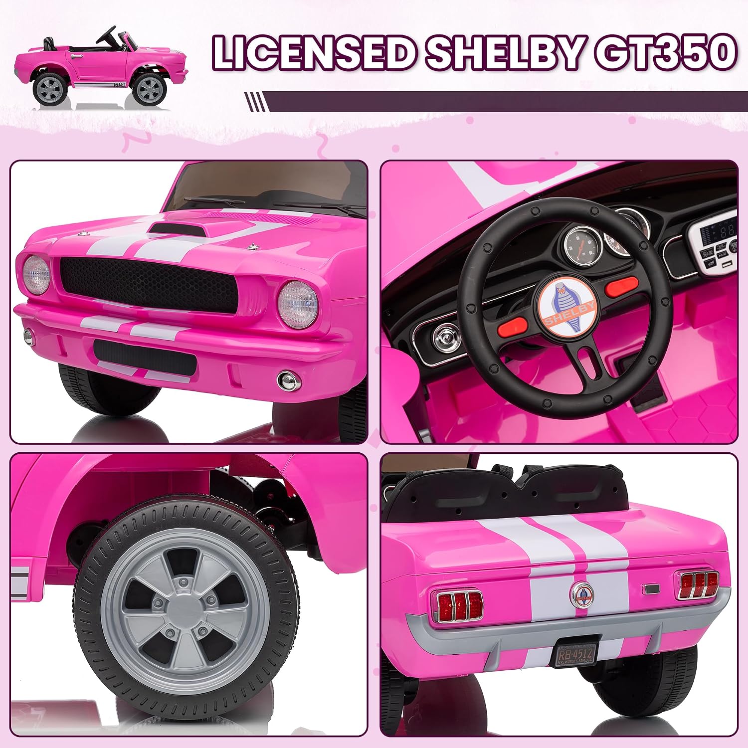 Wanan 24V Licensed Shelby Electric Car for Kids, Ride On Toy with Remote Control, Bluetooth Music, Adjustable 3 Speed, Multiple Panel, LED Lights, Shock Absorbers, Safety Belt (24V, Pink)
