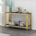 Modern Black Glass Console Table, Luxury 55' Rectangular Sofa Table with Gold Stainless Steel Frame, 2-Tier Console Entryway Table with Storage for Living Room Entrance Hallway