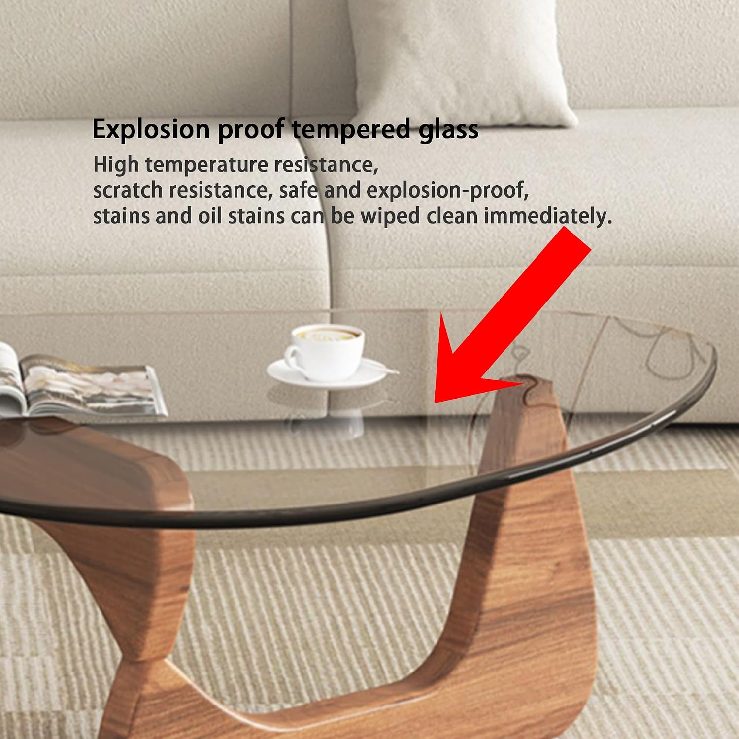 EASYSOUL Modern Glass Coffee Table, 32.68' D x 22.44' W x 15.75' H, Abstract Round Tea Tables for Living Room Home Office Industrial Cocktail Tables (Walnut-Clear Glass, 32.68')