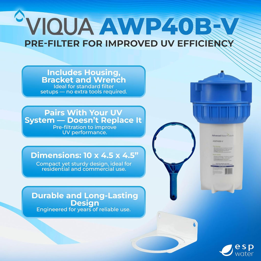 Viqua AWP40B-V Industrial Water Filter Housing Kit – Big Blue 10 x 4.5 Inch High-Flow Inline Canister with Bracket and Wrench for Whole House, Main Line, and Filtration Systems