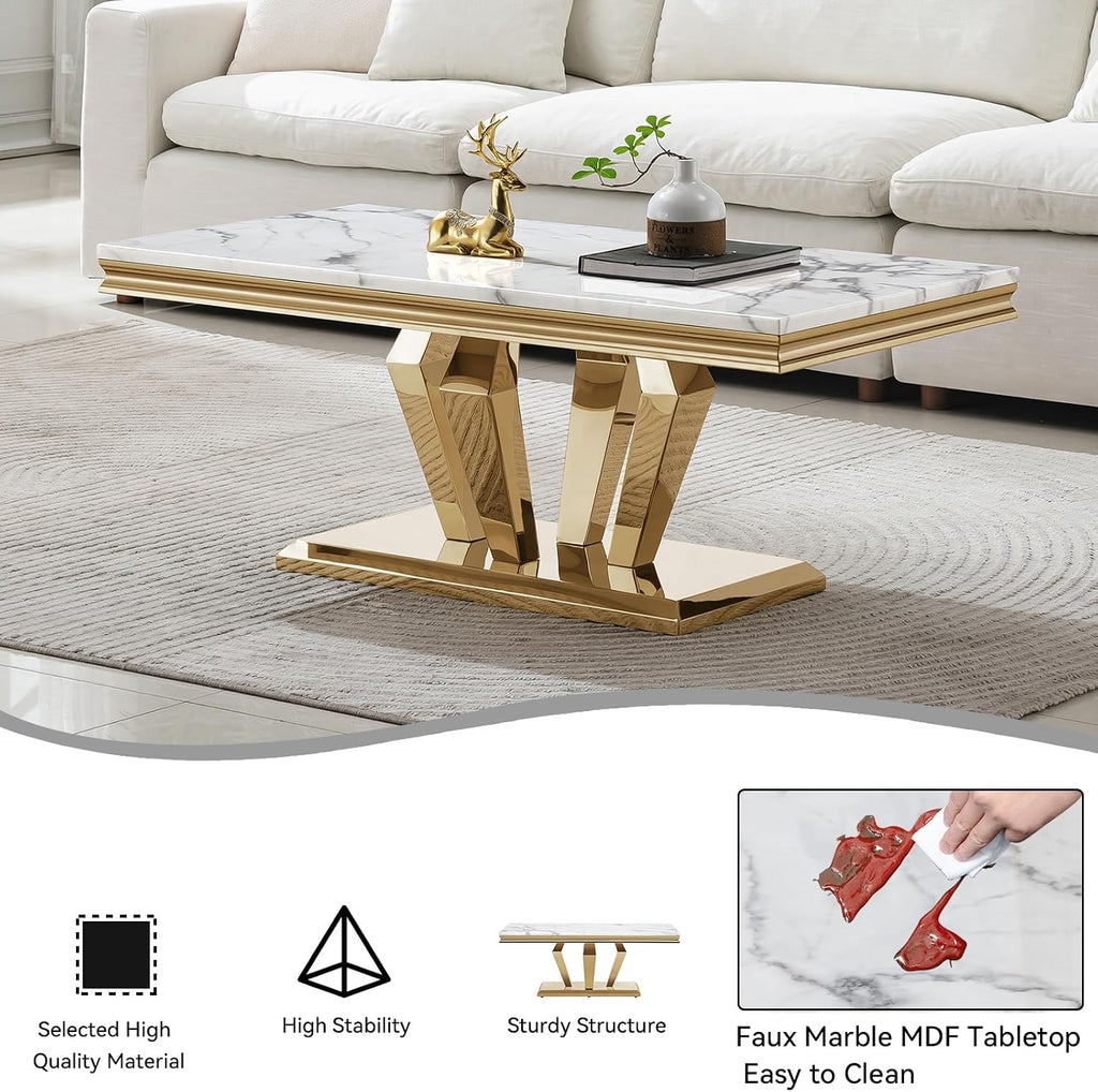 3 Pieces Living Room Table Set, Faux Marble Coffee Table Set of 3, Modern Coffee Table, Console Table and End Table with Diamond-Shaped Stainless Steel Base for Living Room (White Gold)
