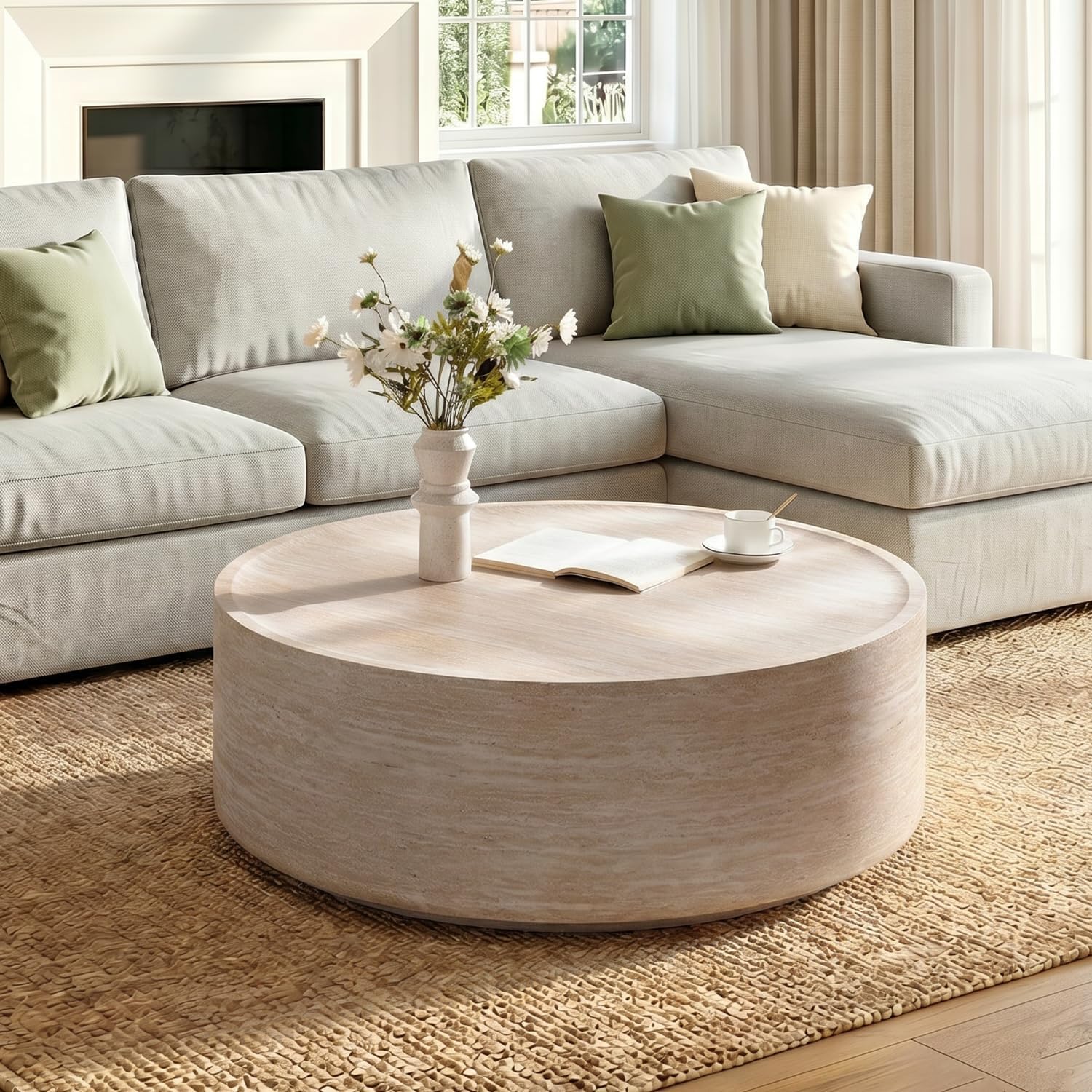 Faux Travertine Coffee Table for Living Room Modern Wood Drum Coffee Tables 39.37' Fully Assembled Round Center Table for Living Room Home Office