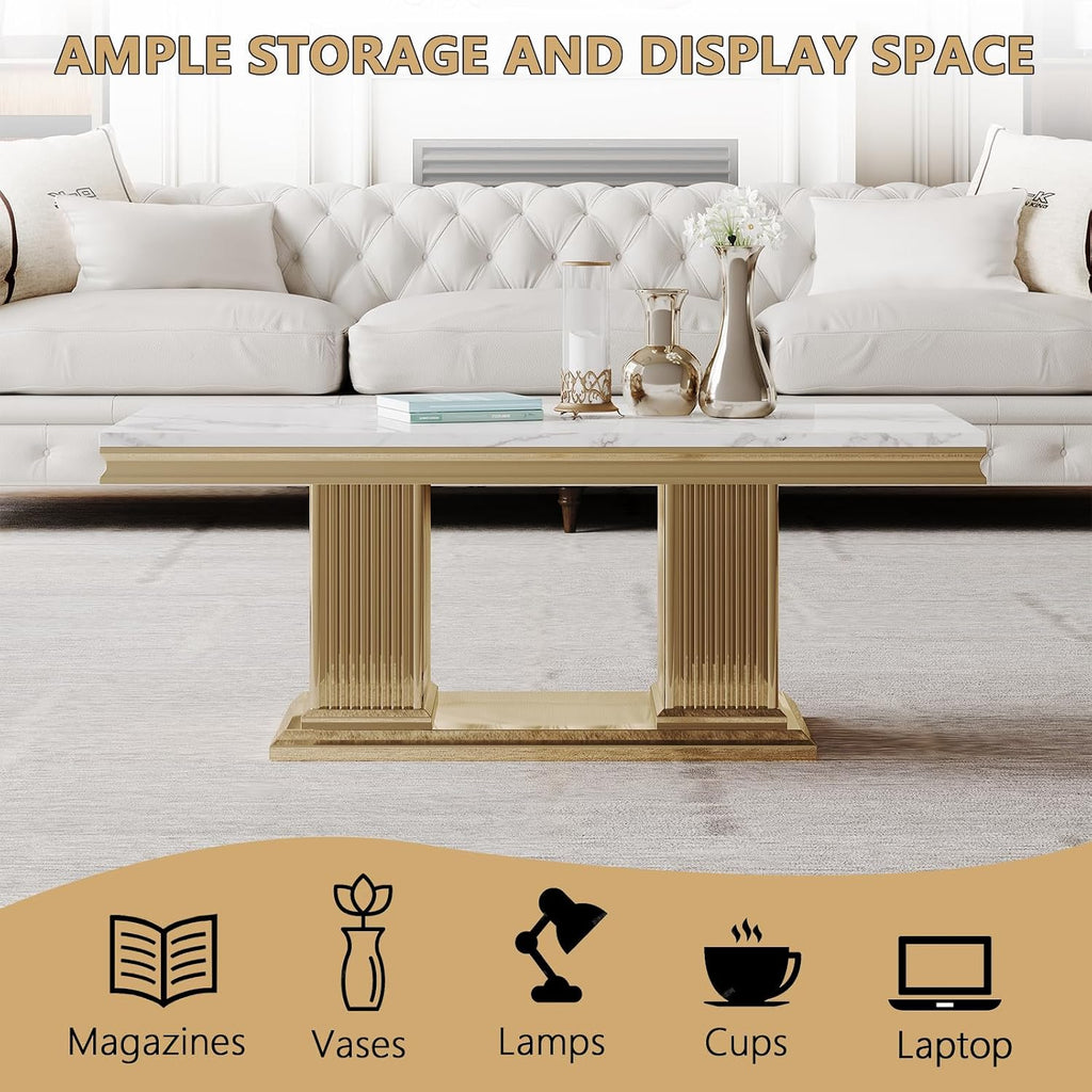 3 Pieces Living Room Table Set, Faux Marble Coffee Table Set of 3, Modern Coffee Table, Console Table and End Table with Column-Shaped Stainless Steel Base for Living Room Office White Gold