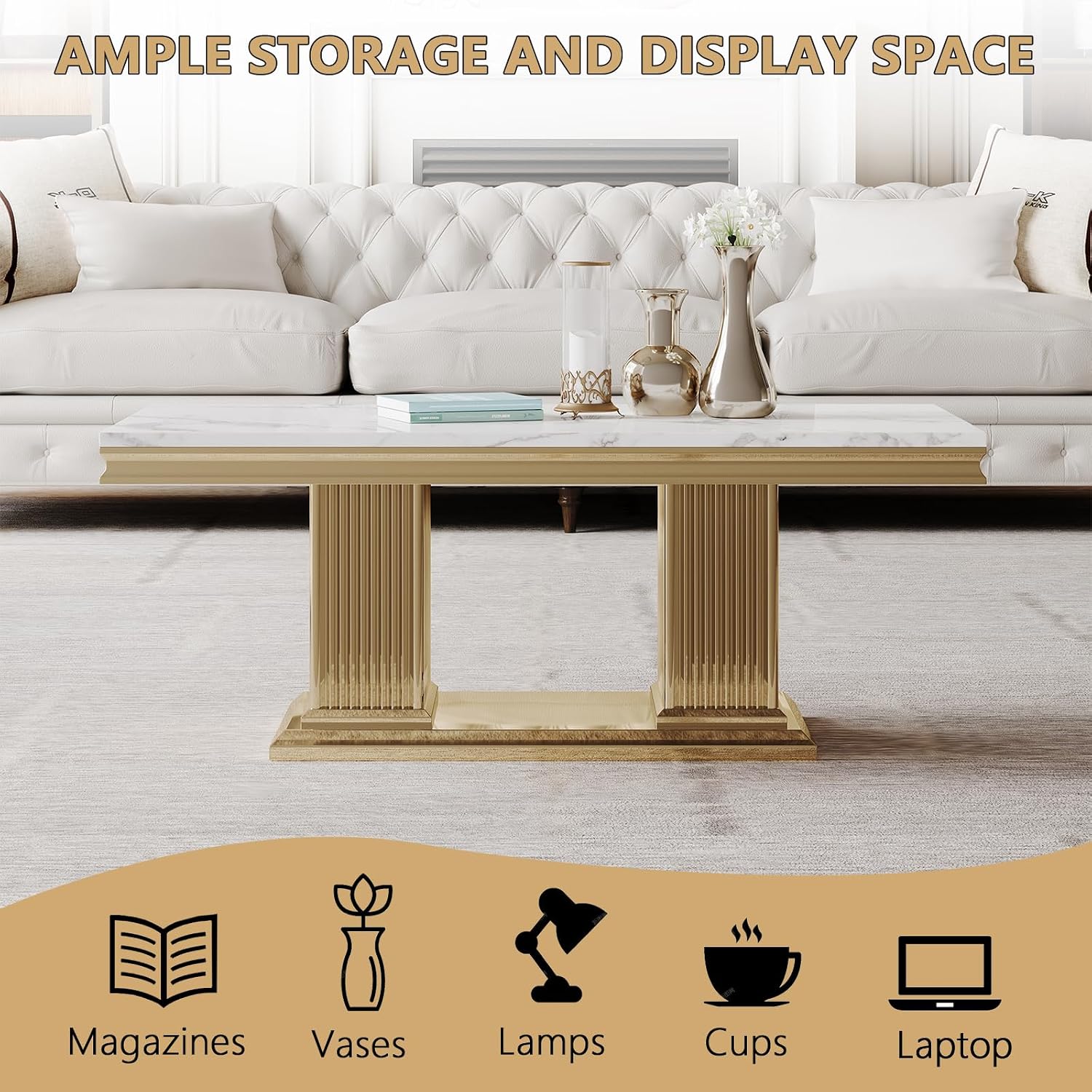 3 Pieces Living Room Table Set, Faux Marble Coffee Table Set of 3, Modern Coffee Table, Console Table and End Table with Column-Shaped Stainless Steel Base for Living Room Office White Gold