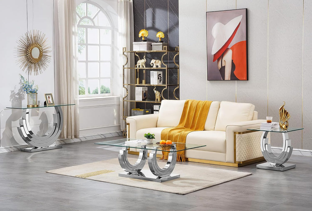 1 Piece Living Room Coffee Table Luxury Glass Center Table, Modern Silver Coffee Table with C-Shape Stainless Steel Pedestal Base